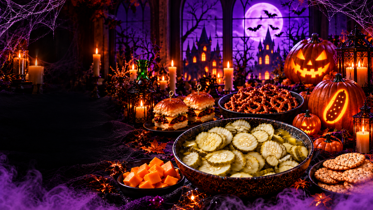 Halloween snack table with pickle chips, glowing pickle-carved pumpkins, candles and purple moonlight